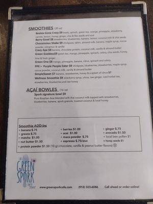Back of current menu 9/10/2021 at The Green Spork in Richmond Hill