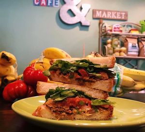 Plant based BLT!! 
We roast our own coconut bacon! Naturally smokey and chewy-crisp. We also make cashew based mayo: smooth, right with an “eggy” sense about it! at The Green Spork in Richmond Hill