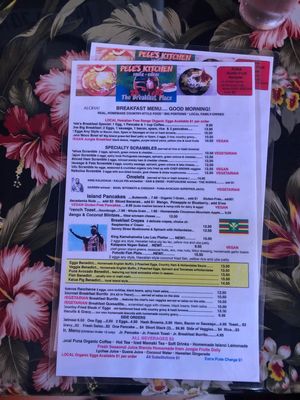 Current menu as of May 2019 with vegan options marked  at Pele's Kitchen in Pahoa