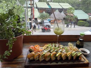 Vegan rolls and iced matcha at Samara Sushi in Samara