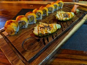 The Juicy Roll with sriracha instead of peanut sauce (since it contains honey) at Samara Sushi in Samara