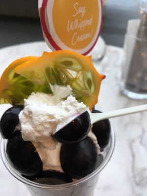 Seasonal BonBon parfait (Japanese grapes) with soy whip cream at Elle Cafe Aoyama in Tokyo