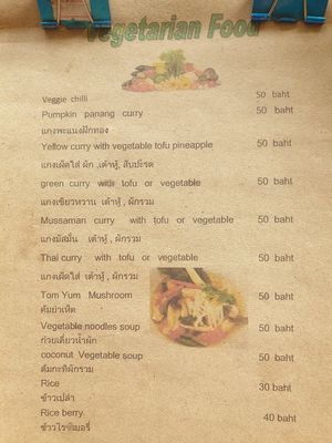 Menu at Lin's Thai Vegetarian Kitchen in Koh Phangan