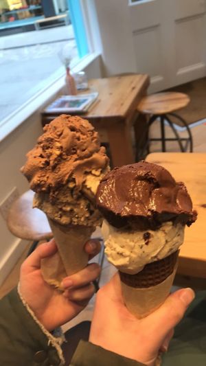Non-vegan ice cream on the left. Vegan ice cream on the right.  at Udderlicious in London