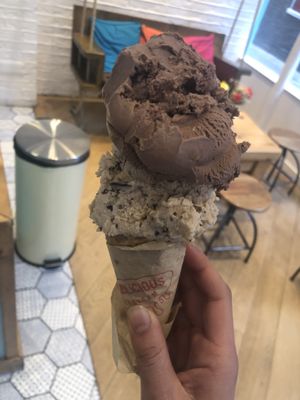 2 Regular scoops ice cream. Chocolate and honeycomb and hazelnut milk and stracciacela (vegan flaboured)  at Udderlicious in London