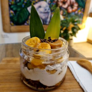 Banoffee Pie Cashews, Peanuts, oats, dates, Banana, Toffee Syrup, Whipped Cream, Cacao Nibs at Taste El Nido in El Nido