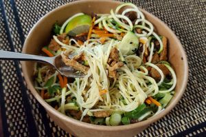 Laksa noodle bowl, with tofu curls added at Kokomo - Vine St in Vancouver