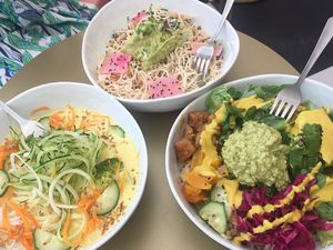 From bottom left: golden laksa, coastal macro and nood beach.  at Kokomo - Vine St in Vancouver