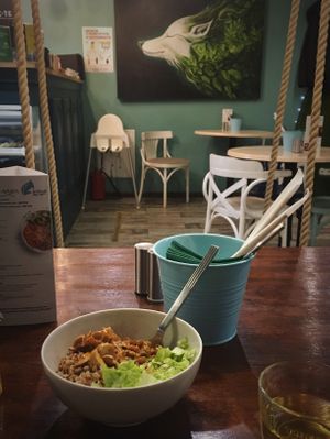 Vegan stroganoff with buckwheat  at Peaches in Moscow