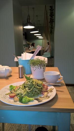 Basil pasta at Peaches in Moscow