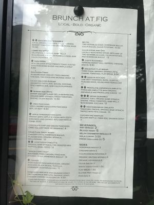 Brunch menu... vegetarian and vegan items marked at Fig Bistro & Bar in Charlottesville