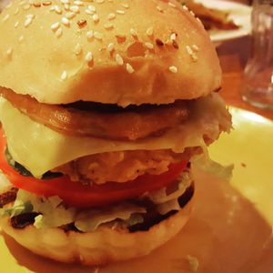 Sf fillet burger with "bacon" and "cheese" all vegan and delicious at Cellar Club in Leamington Spa