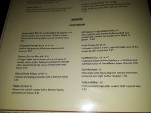 Veggie menu with vegan options marked VG at Masala Dabbas in Orpington