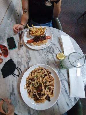 Vegan hot dog and vegan pasta  at The Pilot Boat in Lyme Regis