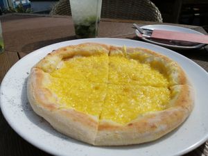 Garlic pizza bread with plant based cheese at The Pilot Boat in Lyme Regis