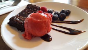 Chocolate Brownie and Strawberry Sorbet  at The Pilot Boat in Lyme Regis
