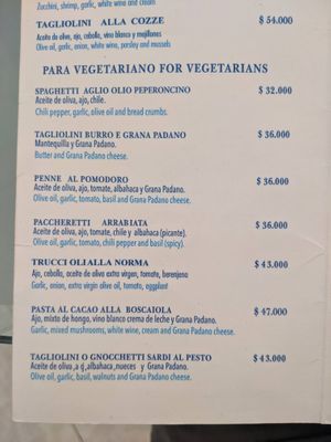 Vegetarian menu at Cevicheria Trattoria Donde Wippy in Cartagena