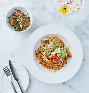 Pad thai, potato samphire salad & bailey's martini  at Erpingham House in Norwich