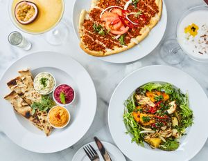 Turkish flatbread, bread & dips, puy lentil salad.  at Erpingham House in Norwich