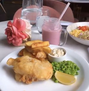 Fish and chips  at Erpingham House in Norwich