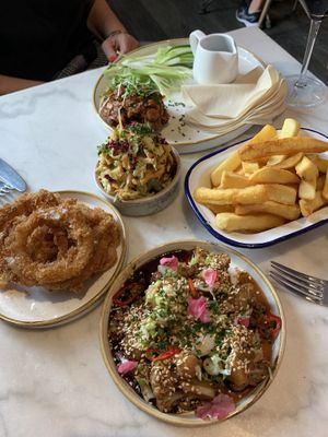 Sharing “duck” pancakes, slaw, chips, onion rings and cauliflower wings.  at Erpingham House in Norwich