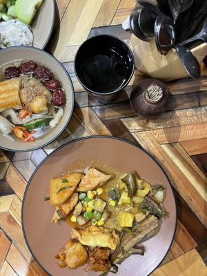 Mixed plate and tea (more like water)  at Veggie Castle - Yen Ninh in Hanoi