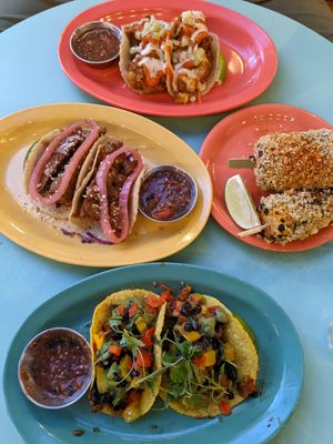 tacos and corn cobs at Jajaja Mexicana - Williamsburg in Brooklyn