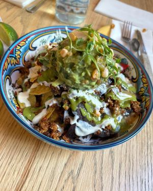 I got the delicious nachos with a side of activated charcoal salsa, incredibly tasty  at Jajaja Mexicana - Williamsburg in Brooklyn