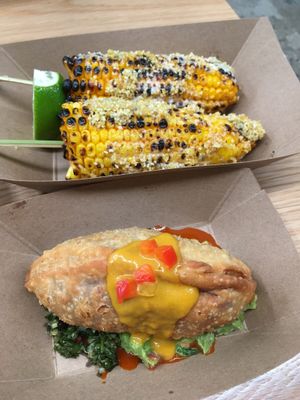 Top: Street corn. Bottom: beet and pumpkin empenada (wow) at Jajaja Mexicana - Williamsburg in Brooklyn