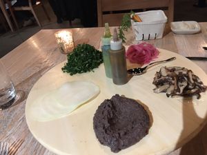 Kholrabi tacos with black beans, incredible mushrooms, kale, and pickled onion.  So good!! at Vicia in St Louis