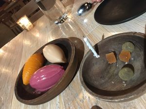 Pear, Concord grape, and sweet potato sorbet and some other little treats. at Vicia in St Louis