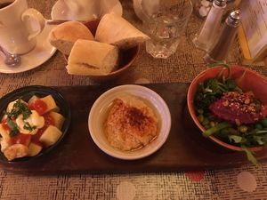 Tapas: patatas bravas (left), hummus with paprika (middle), superfood salad (right). at Lounges - Dorado Lounge in Warrington