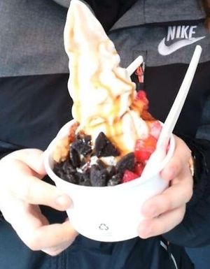 Froyo, larger sized, with caramel sauce and oreo crumbs, strawberries and candied almonds as toppings at YOMARO in Bielefeld
