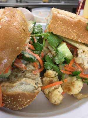 Our roasted cauliflower "pang," a Cambodian style sandwich with spicy (vegan) mayo, cilantro, pickled carrots and cucumber. at Sealantro in Vero Beach