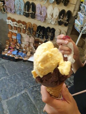 Vegan Chocolate (fondente) and Melon (melone) on a vegan + gf cone at Antica Gelateria in Sorrento