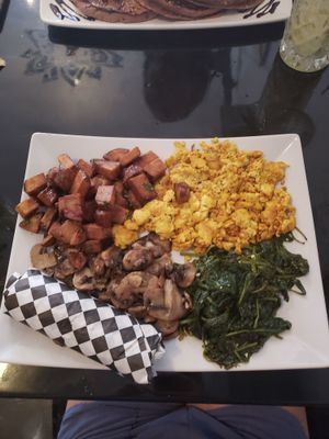 "vegan plate" spinach,  mushroom, scrambled tofu, potatoes, tortillas at Lazy Hippo at The Whiskey House in San Diego