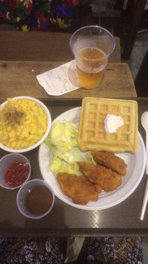 Fried ‘chicken’ and waffle with a side of mac n cheese at Herbivora in Ho Chi Minh City