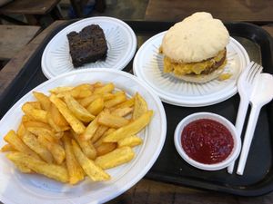 Cheeze burger, chips and brownie.  at Herbivora in Ho Chi Minh City
