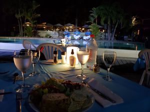 1 of 3 "theme night" buffets. Salad, bread, jasmine rice, mixed veggies fill up the 1st of 2 plates that night. at Intercontinental Moorea in Moorea