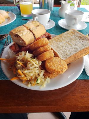 Jasmine Rice, potato pancakes, zucchini & carrots, and mixed vegetables in marinara. Time to make a sandwich! at Intercontinental Moorea in Moorea