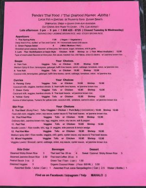 Menu
 at Panda's Thai - Food Truck in Haleiwa