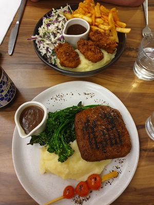 Grilled Seitan with mash veg n gravy, CFC with Coleslaw n mash at Yavanna in Paddington