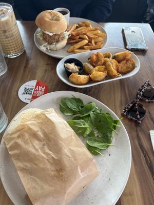 Panini, side of potatoes, vegan chicken burger  at Yavanna in Paddington