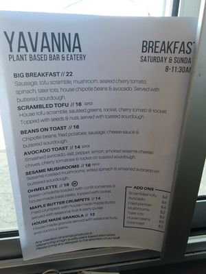 Breakfast menu at Yavanna in Paddington