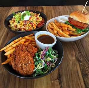 #Vegan Beef Nachos, CFC Dos Fillet and Pesto Schnitzel Burger at Yavanna in Paddington