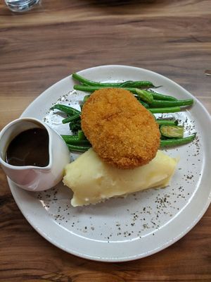 Farmhouse Favourite. Vegan chicken, with beans, broccolini, sprouts and mash with gravy. at Yavanna in Paddington