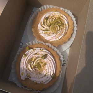 Rose pistachio tarts 100/10 at Coven Plant Based Marketplace in Hamilton