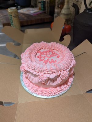 Birthday cake! Super easy to order, good price for a custom cake. This is the 6" cake, it doesn't look huge but the cake is dense and sweet so you don't need a huge slice at Coven Plant Based Marketplace in Hamilton