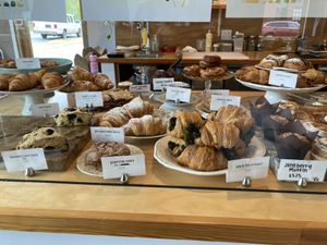 Multiple vegan options in the baked goods case at Fiddlehead Fern Cafe in St Louis