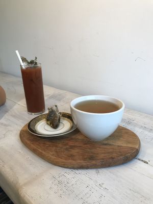 Bloody Mary and cup of sunshine at Fiddlehead Fern Cafe in St Louis